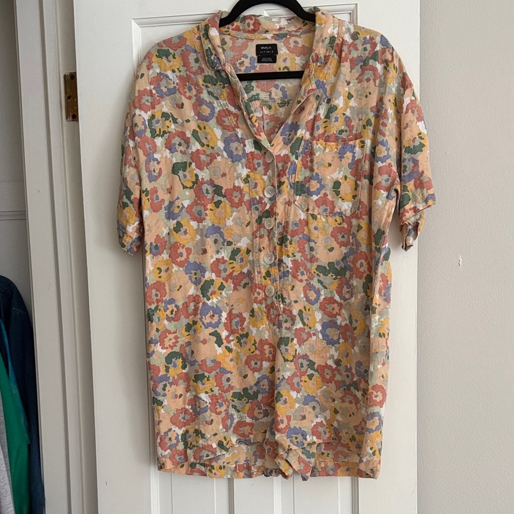 RVCA Floral Short Sleeve Jumpsuit Romper in Peach, Yellow, Blue, Green